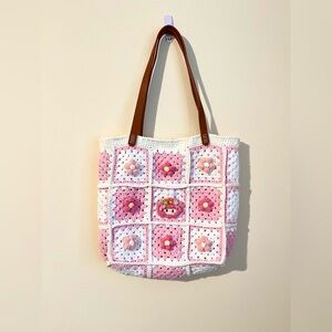 Pink and White Crochet Tote Bag